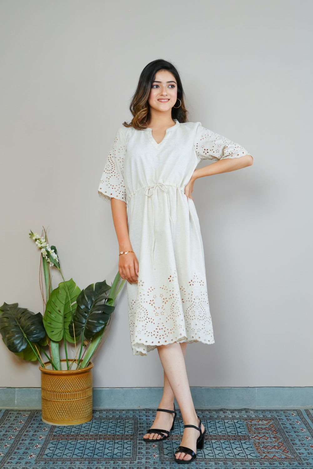 Camel Cut-Work Midi Dress - Main Image