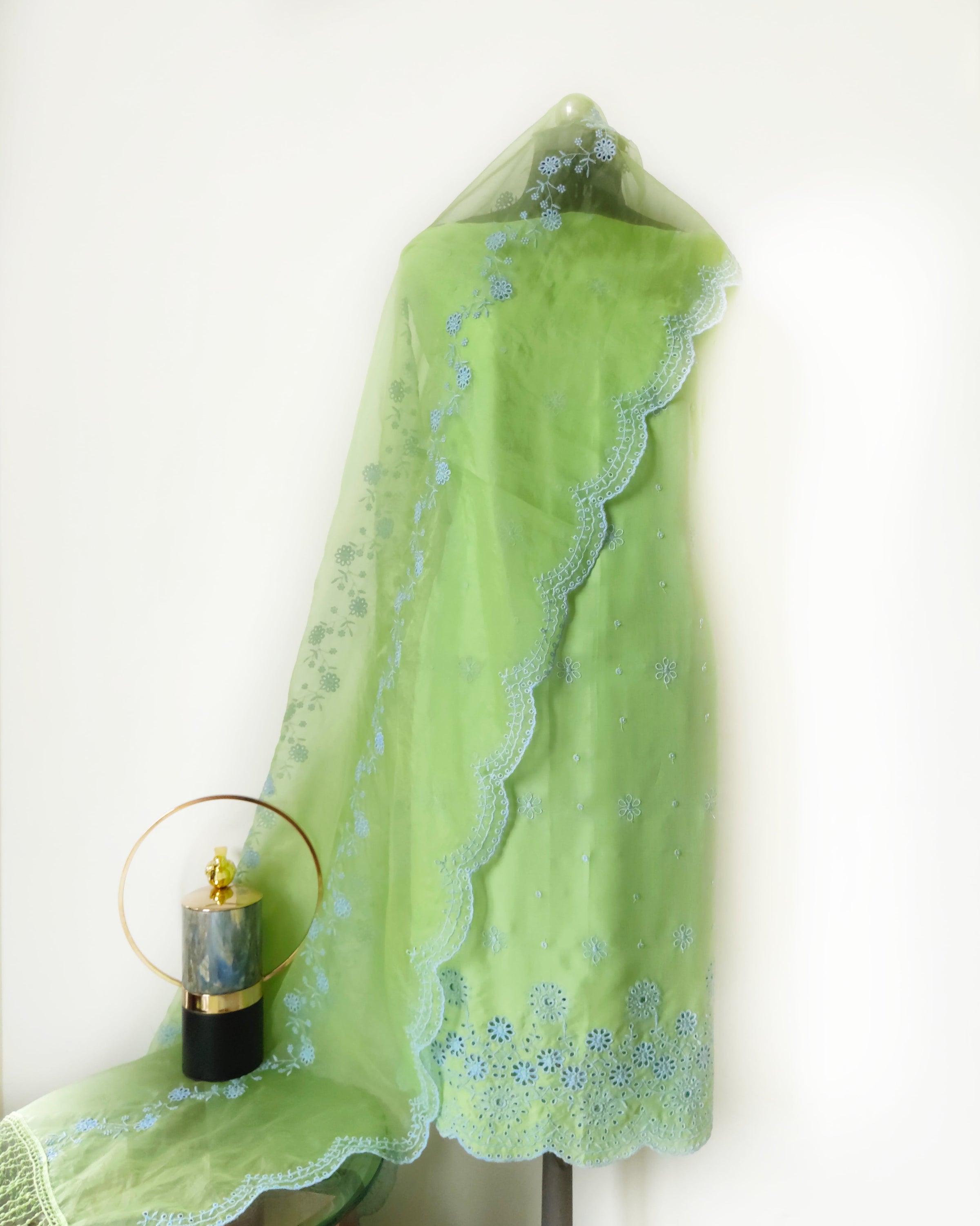 Green with Pastel Blue CutWork SuitSet House Of Kadhaee