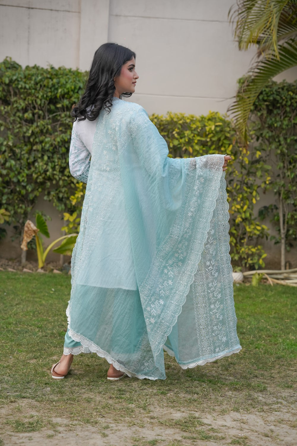 White with Cyan Green Cut-Work Kurta-Set