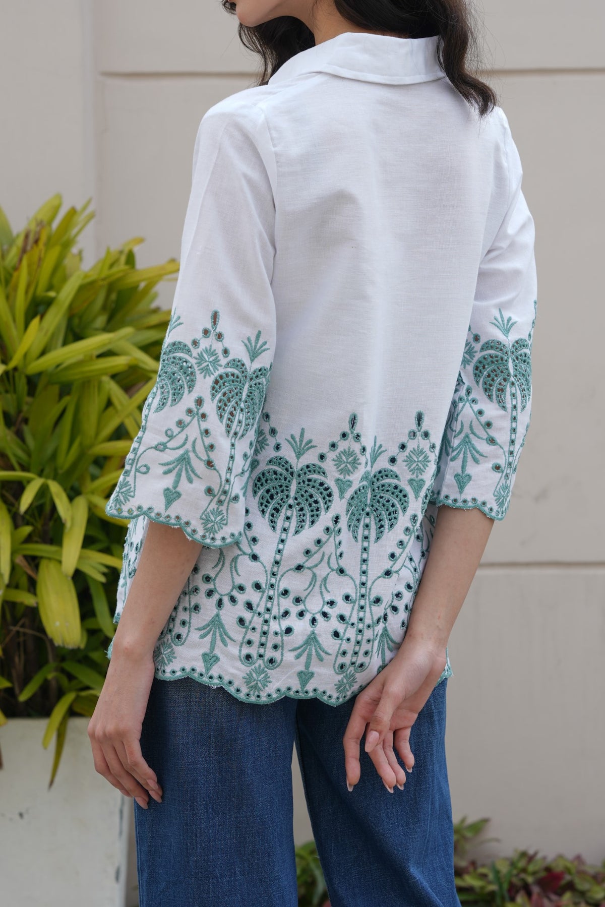 Off-White with Cyan Green Cut-Work Top