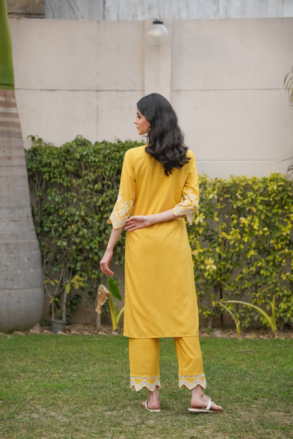 Mango Yellow Cut-Work Kurta-Set