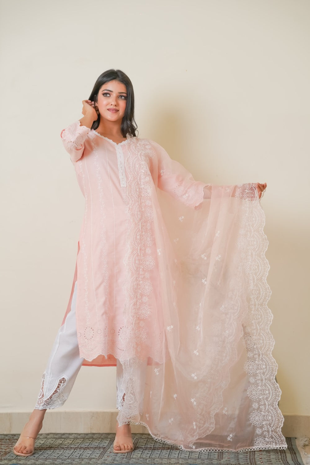 Peach Stripes Cut-Work Kurta Set