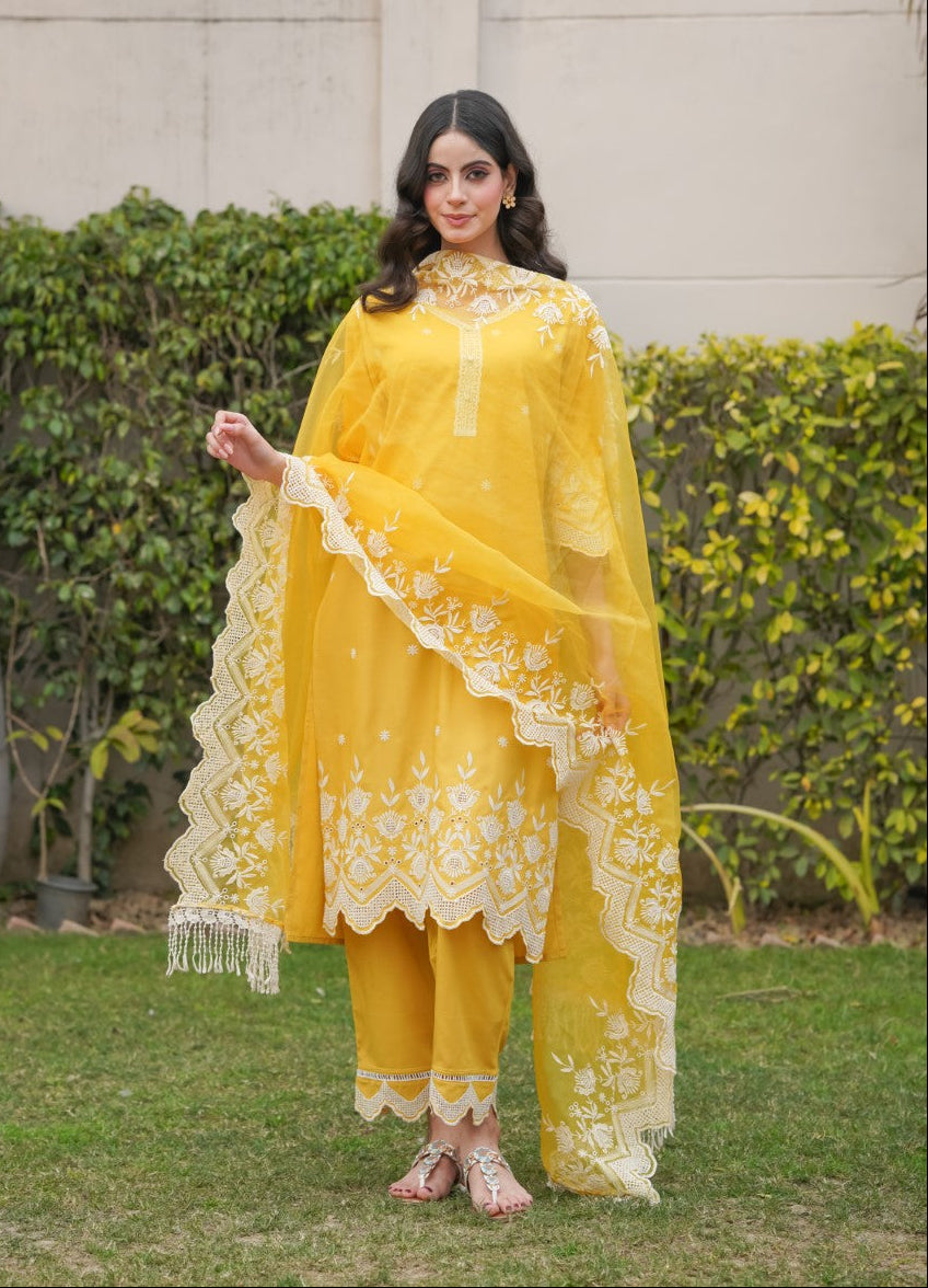 Mango Yellow Cut-Work Kurta-Set