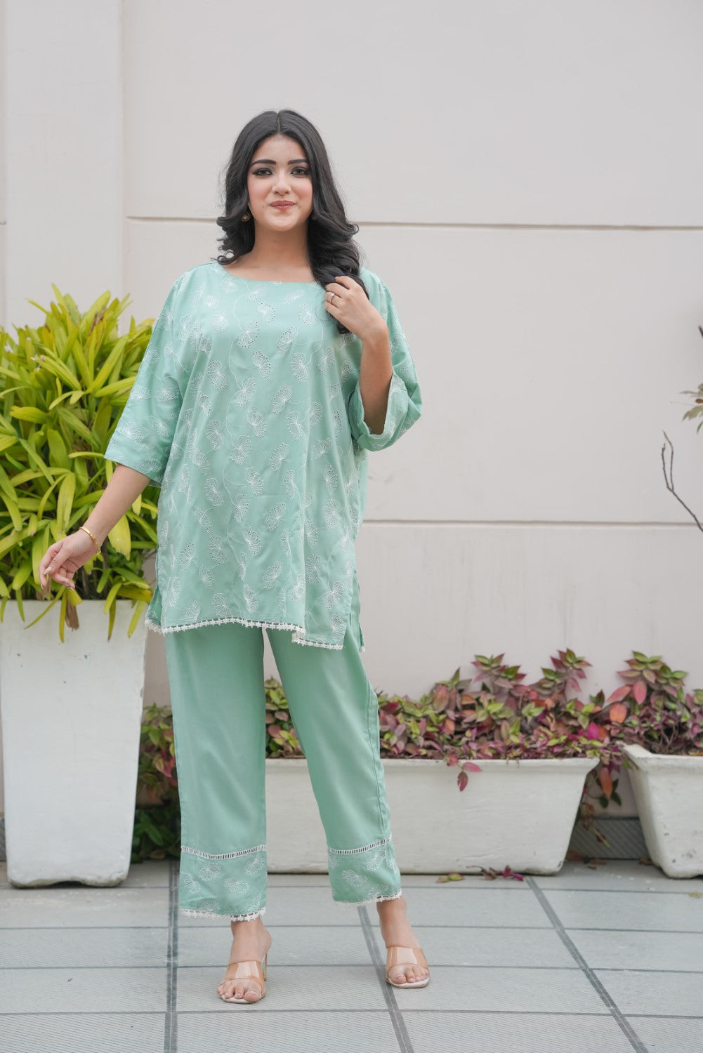 Pistachio Green Cape Cut-Work Co-ord Set