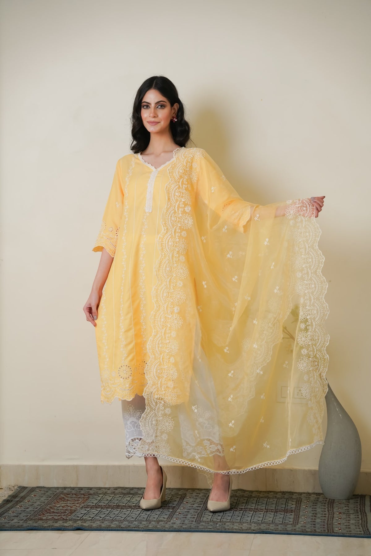 Sunrise Yellow Stripes Cut-Work Kurta Set