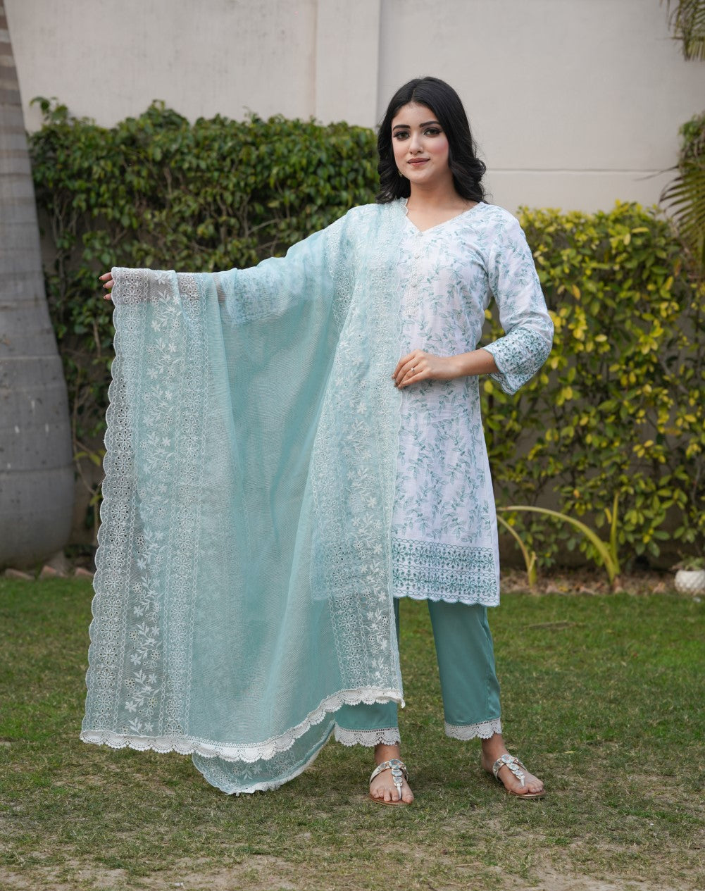 White with Cyan Green Cut-Work Kurta-Set
