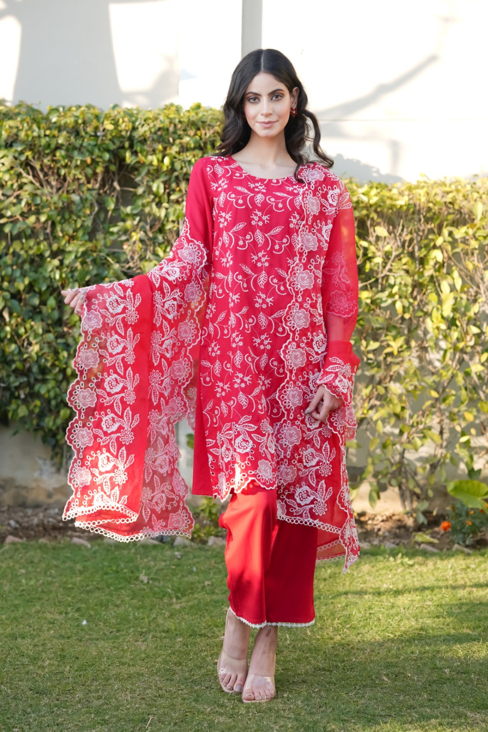 Crimson Peonies Cut-Work Kurta Set