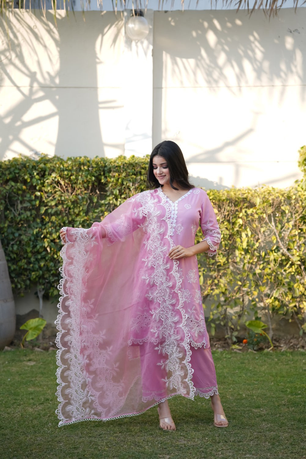 Rose Pink Roses Cut-Work Kurta Set