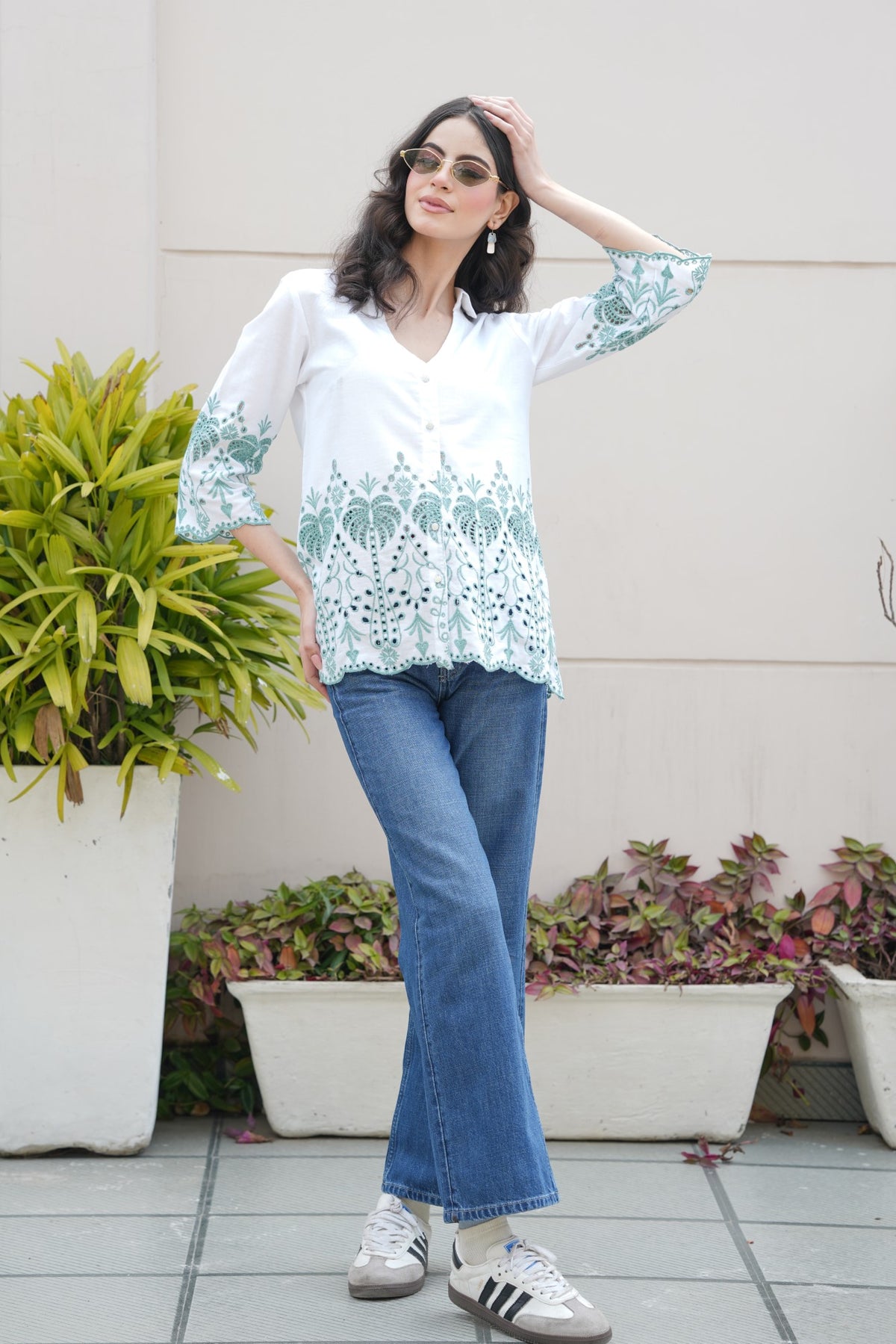 Off-White with Cyan Green Cut-Work Top