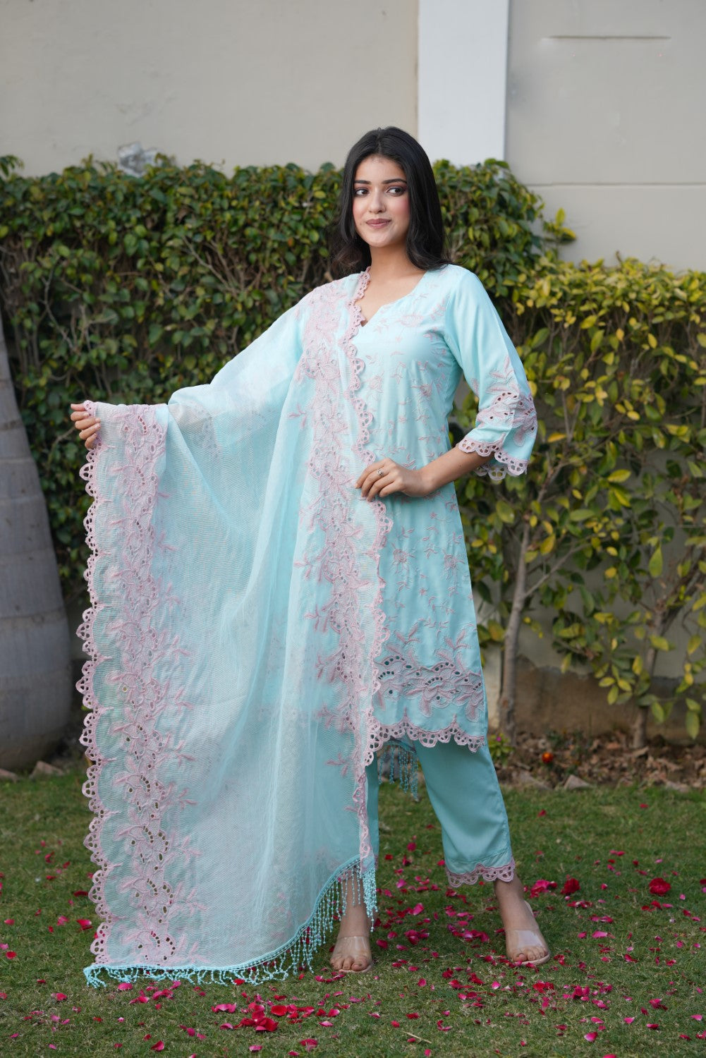 Sky Blue with Pink Roses Cut-Work Kurta Set