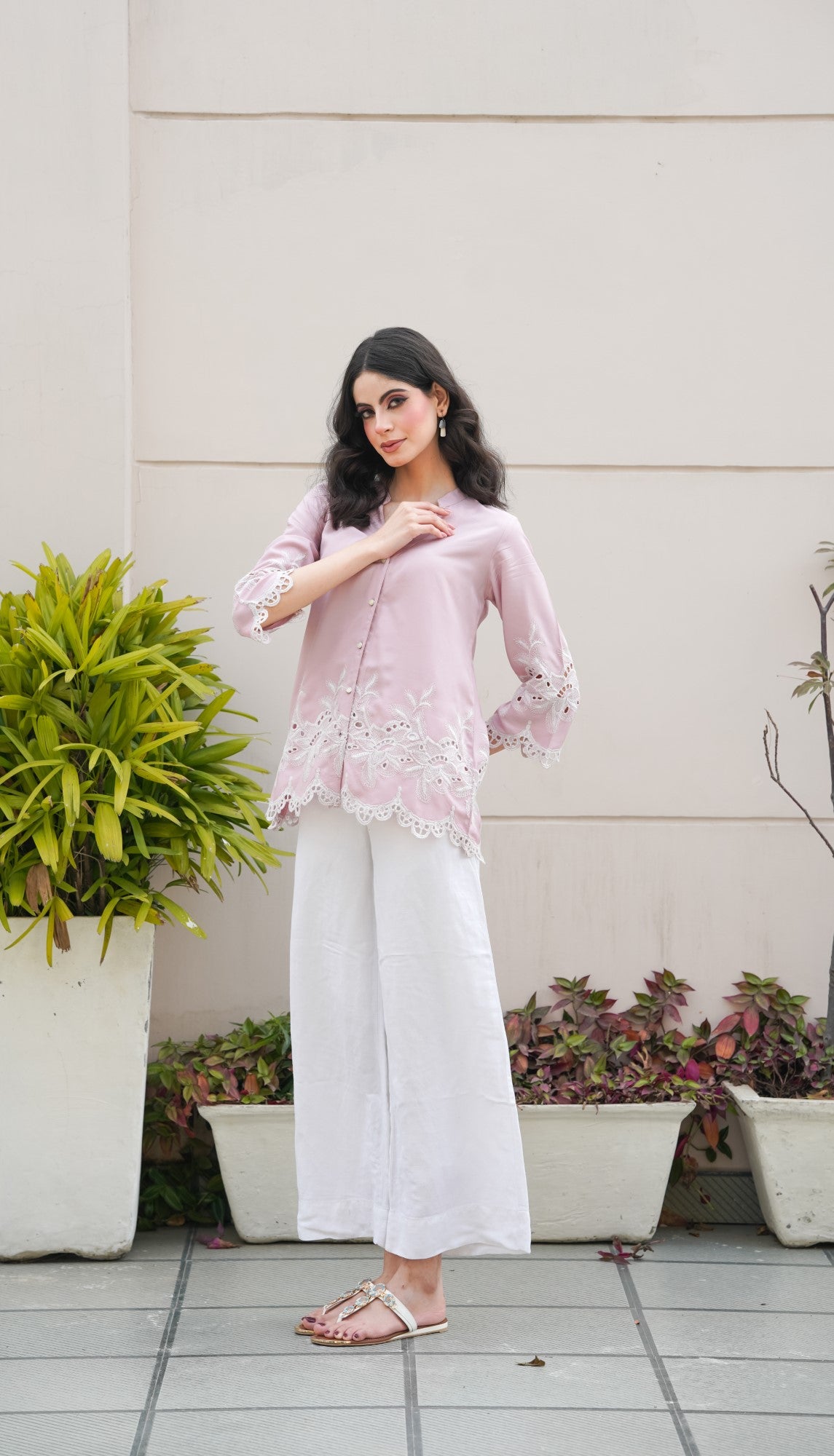 Nude Pink Roses Cut-Work Top