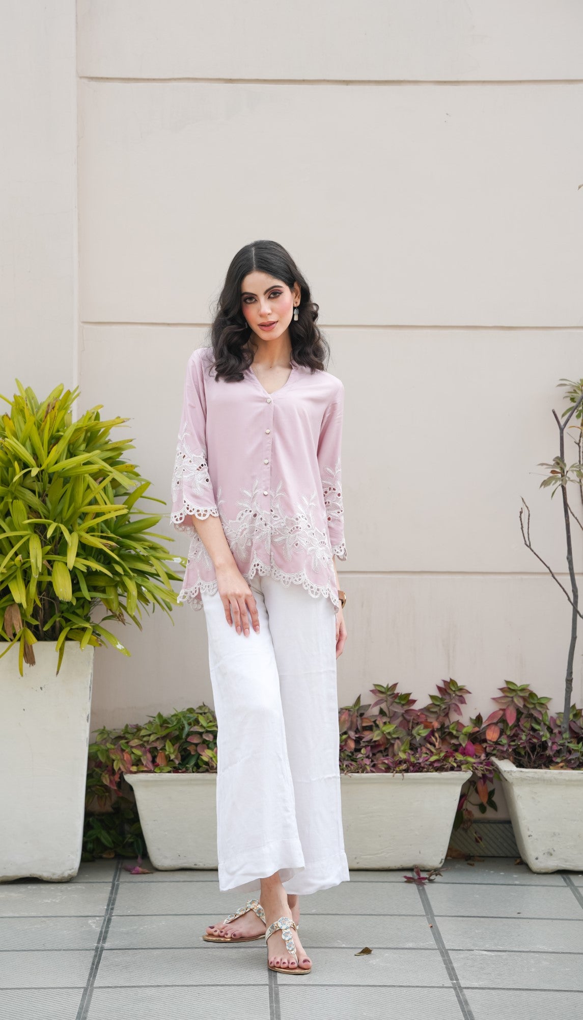 Nude Pink Roses Cut-Work Top