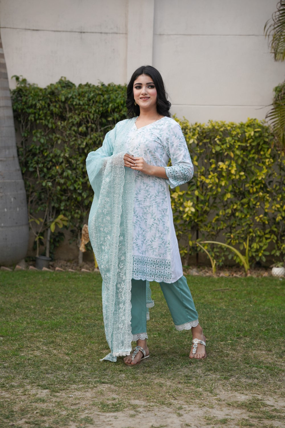 White with Cyan Green Cut-Work Kurta-Set