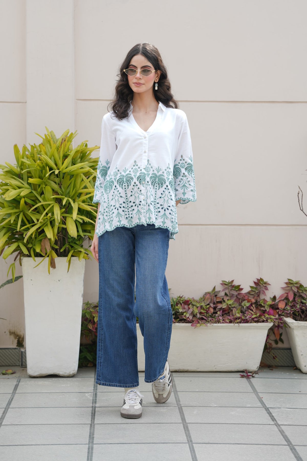 Off-White with Cyan Green Cut-Work Top