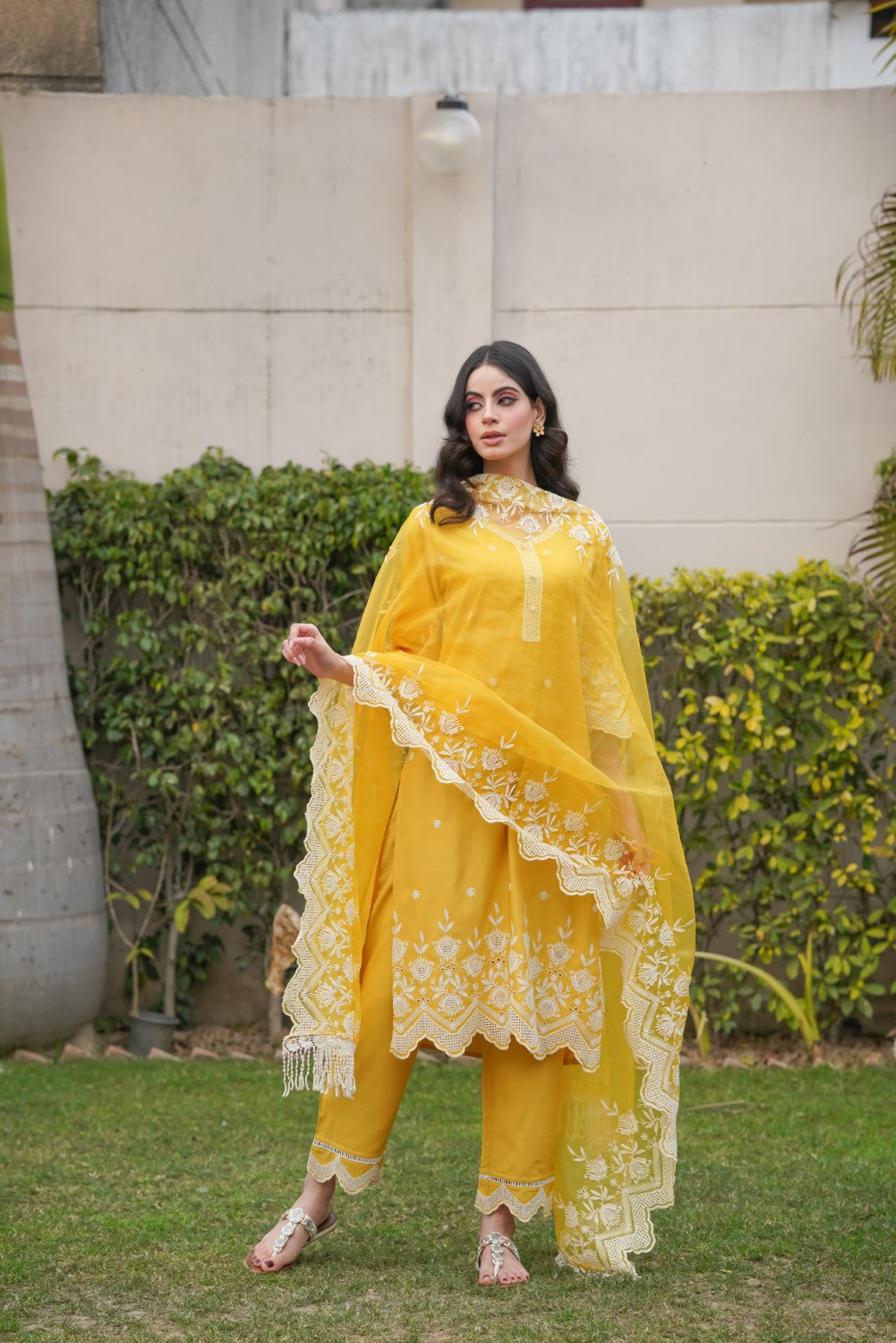 Mango Yellow Cut-Work Kurta-Set