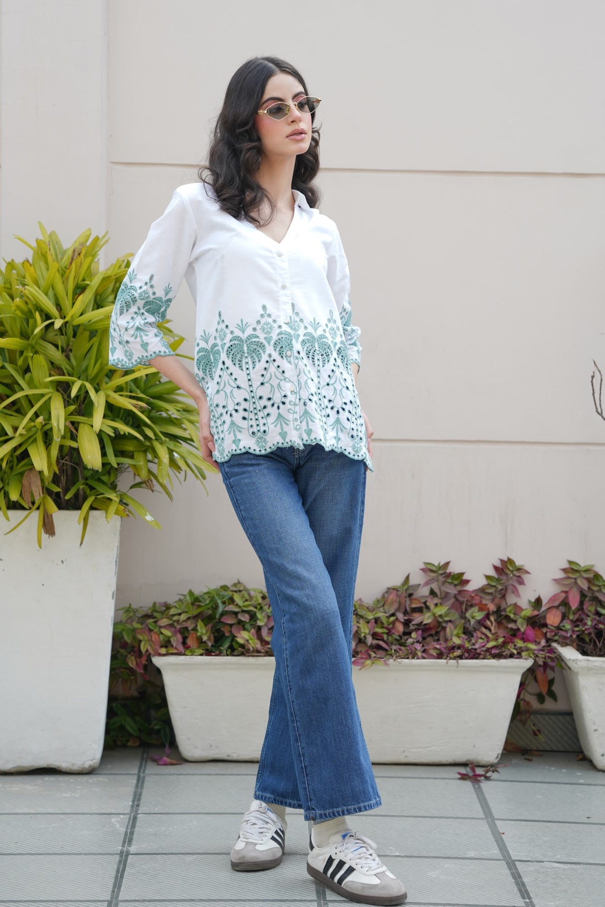 Off-White with Cyan Green Cut-Work Top