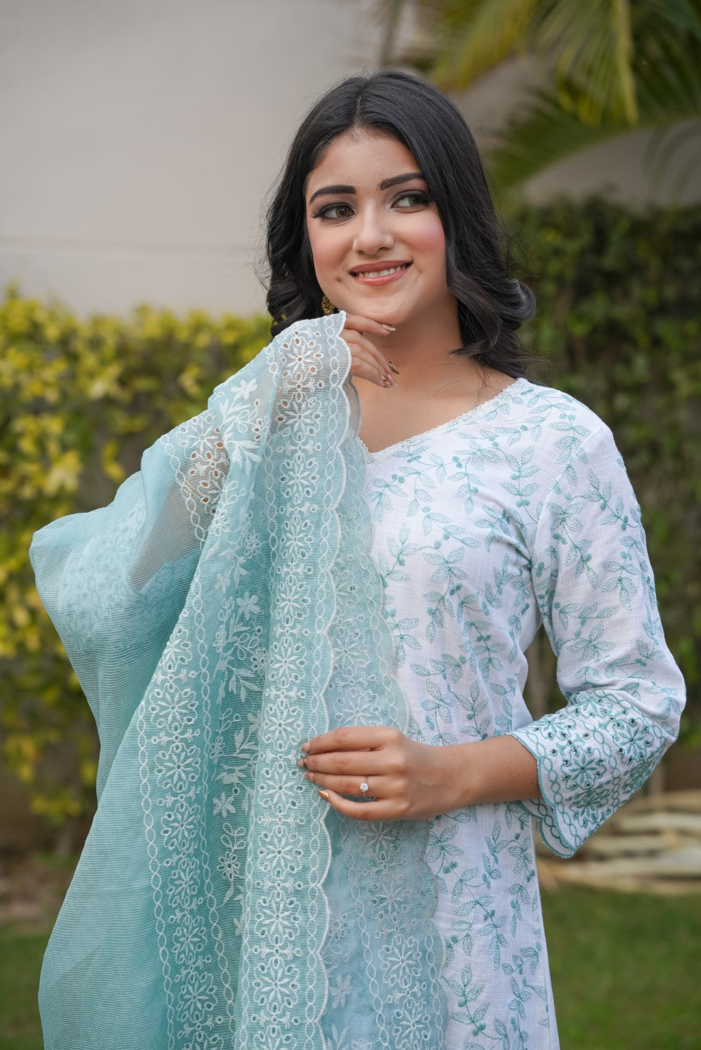 White with Cyan Green Cut-Work Kurta-Set