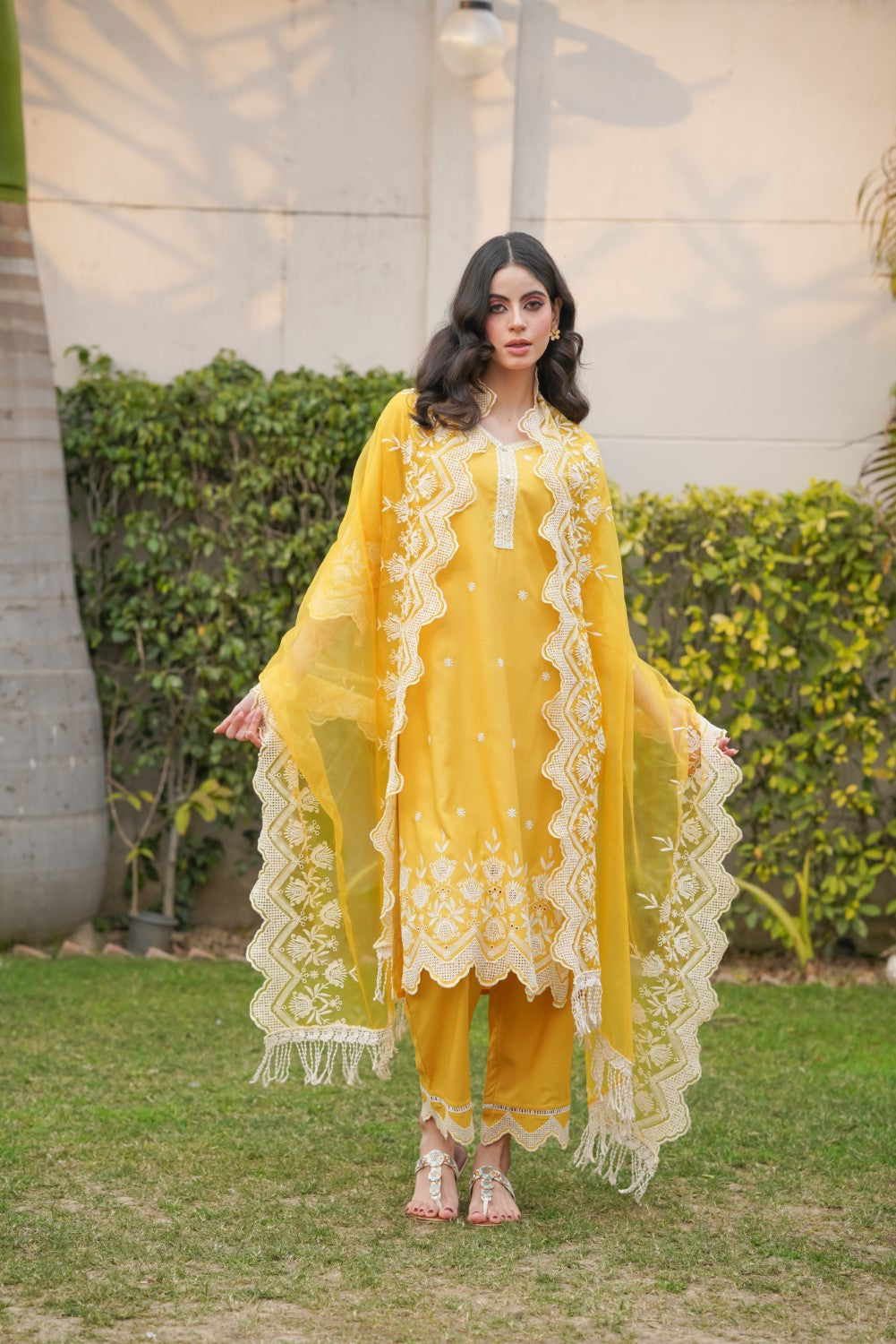 Mango Yellow Cut-Work Kurta-Set