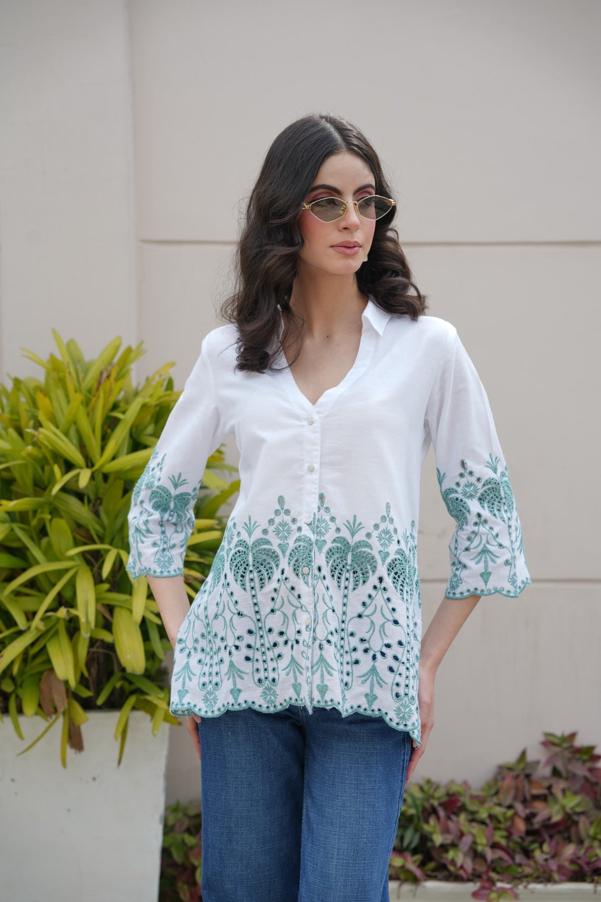 Off-White with Cyan Green Cut-Work Top