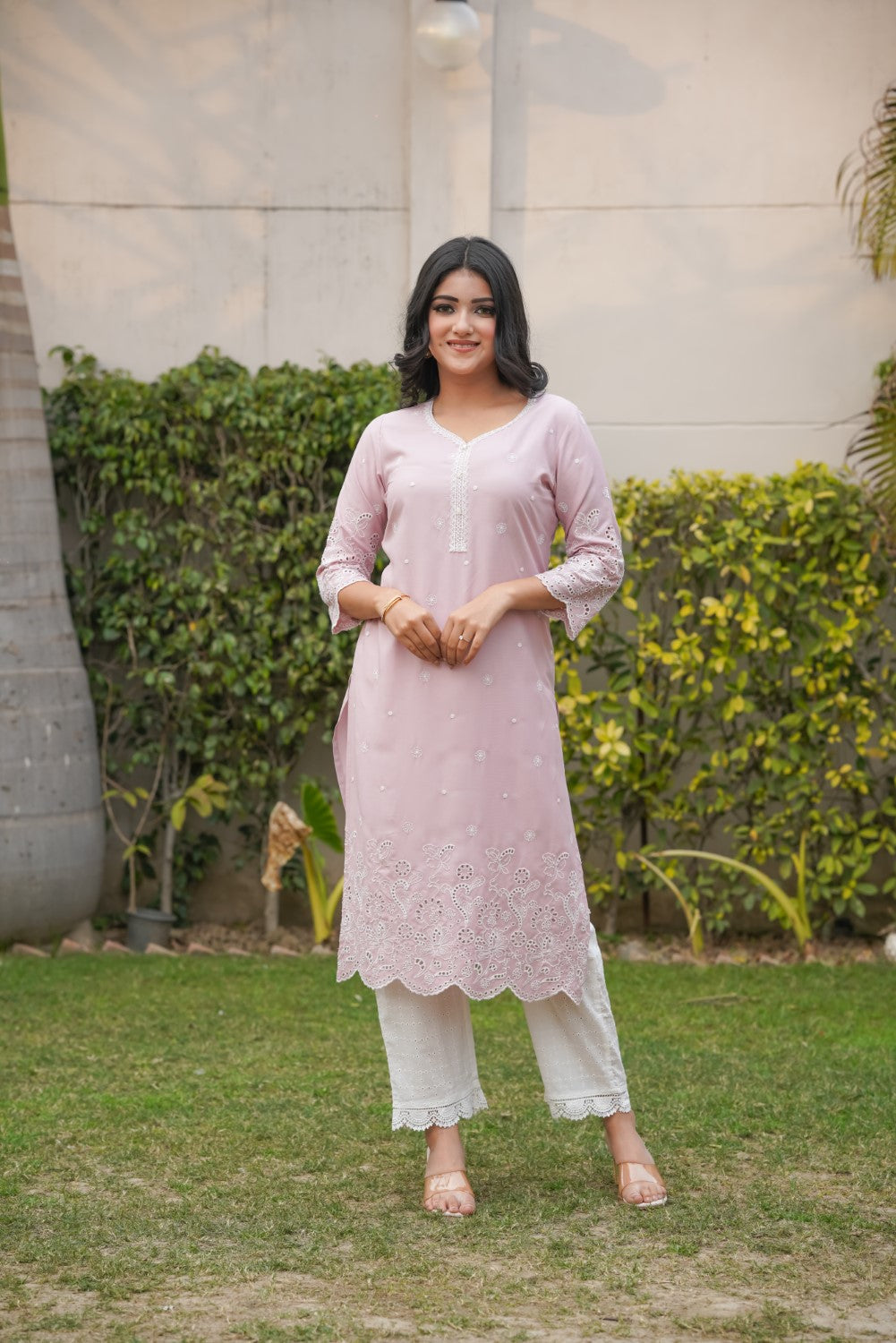 Nude Pink Cut-Work Kurta-Set