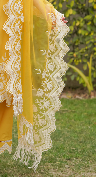 Mango Yellow Cut-Work Kurta-Set