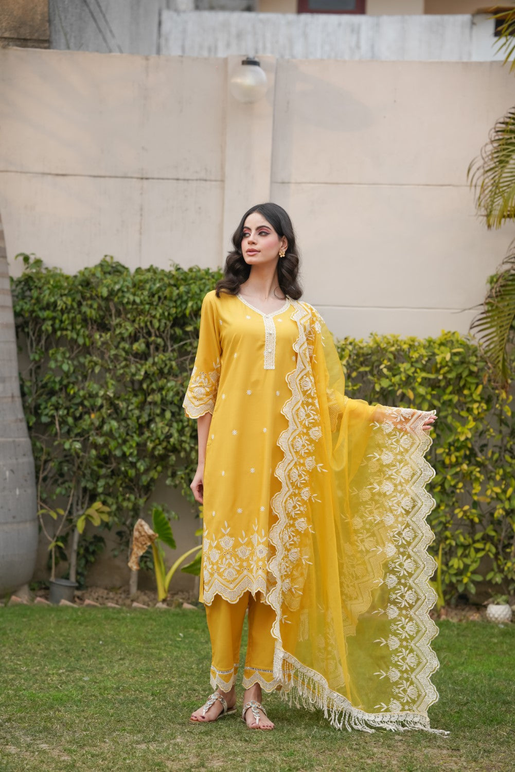 Mango Yellow Cut-Work Kurta-Set
