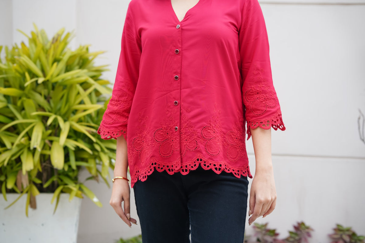 Crimson on Crimson Cut-Work Top