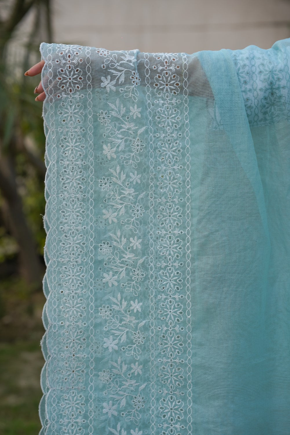 White with Cyan Green Cut-Work Kurta-Set