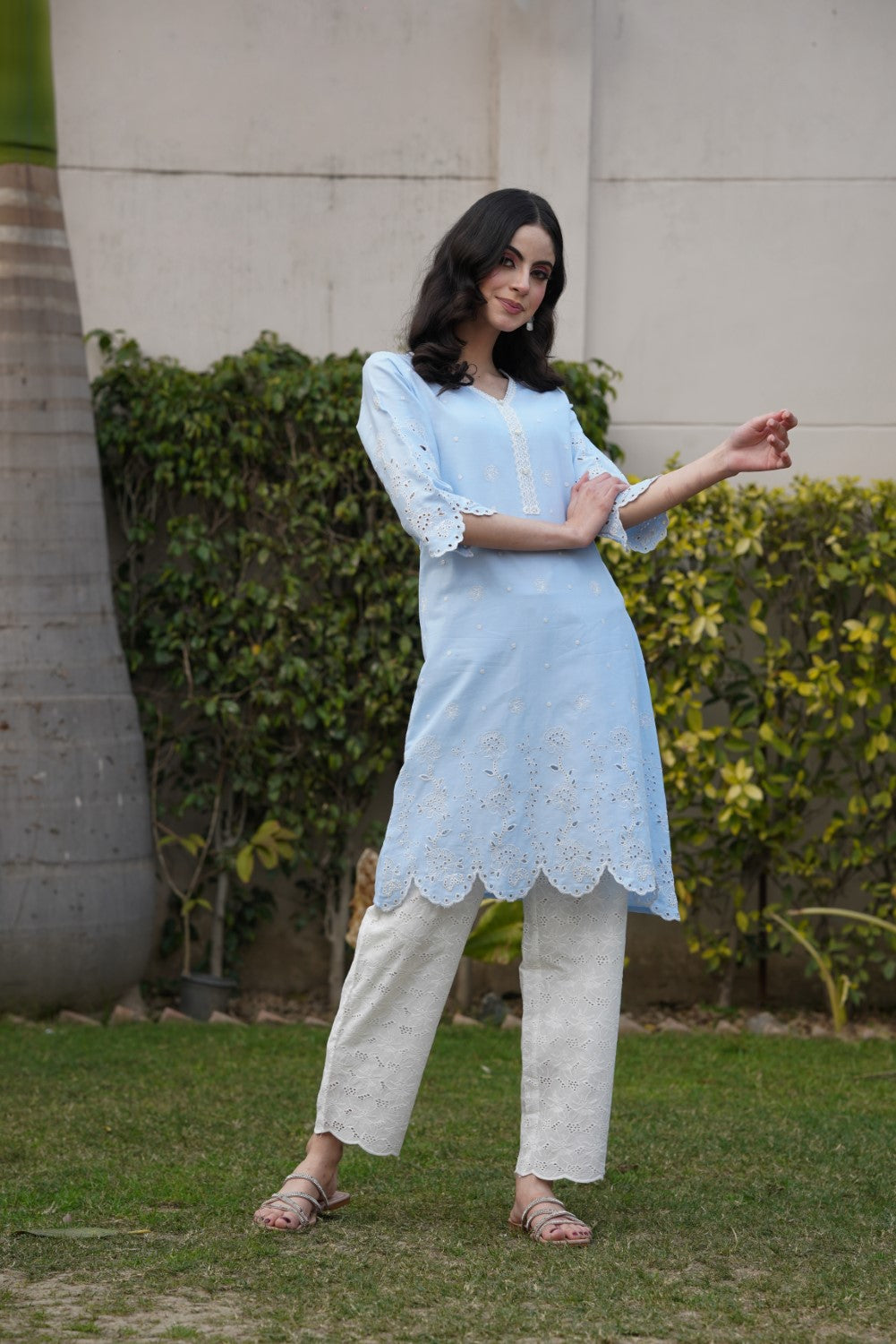Powder Blue Lily Cut-Work Kurta-Set