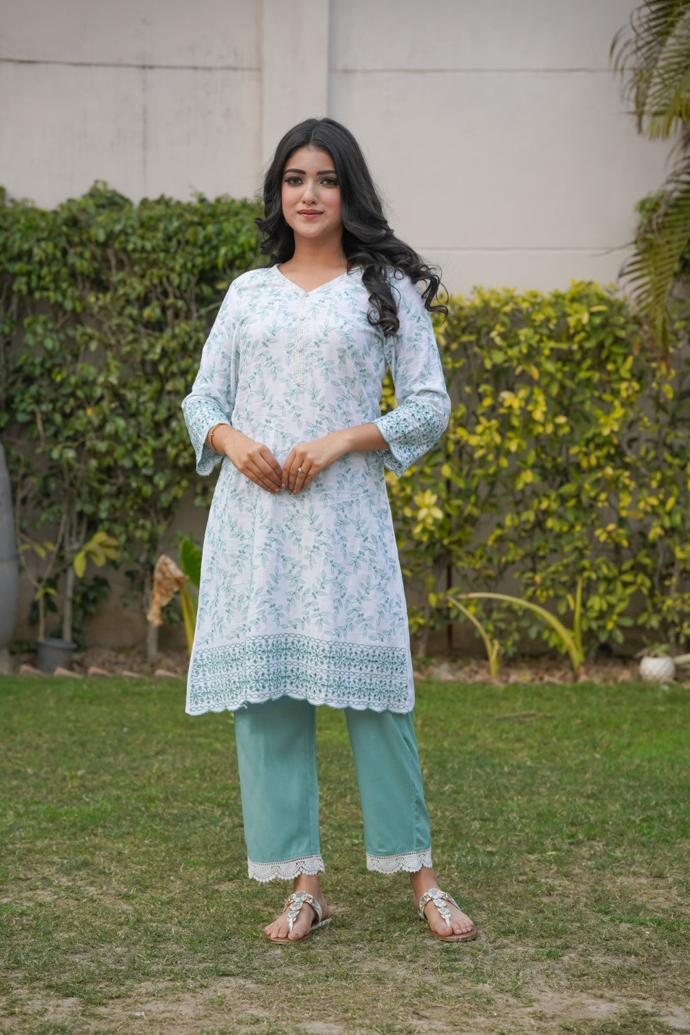 White with Cyan Green Cut-Work Kurta-Set