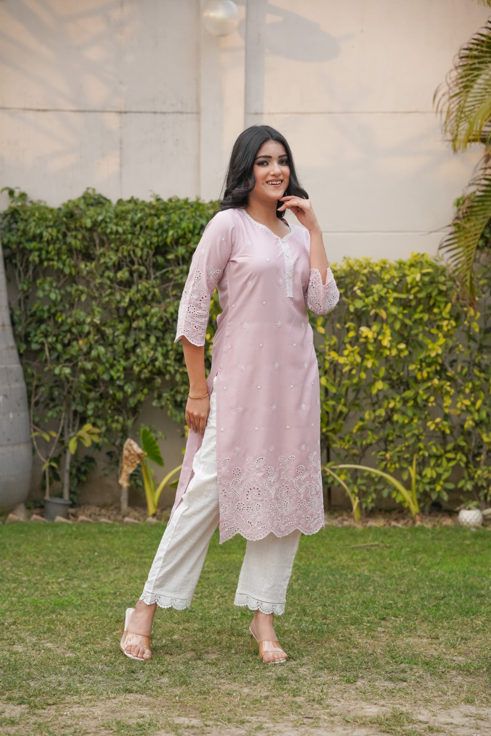 Nude Pink Cut-Work Kurta-Set
