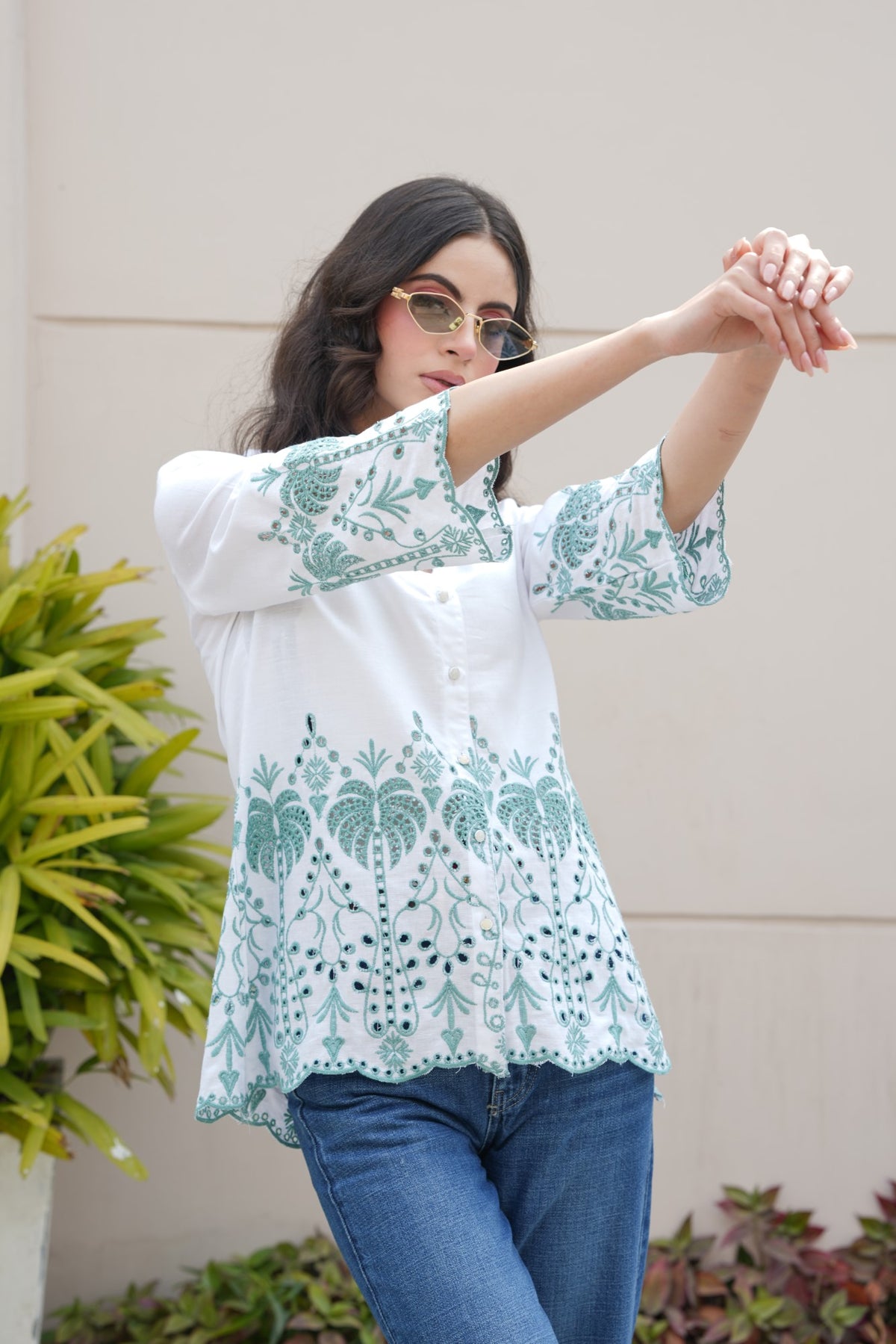 Off-White with Cyan Green Cut-Work Top