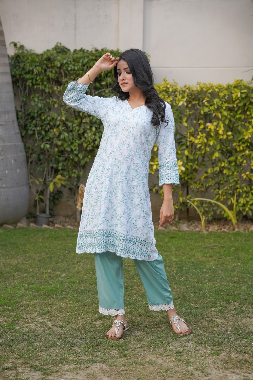 White with Cyan Green Cut-Work Kurta-Set