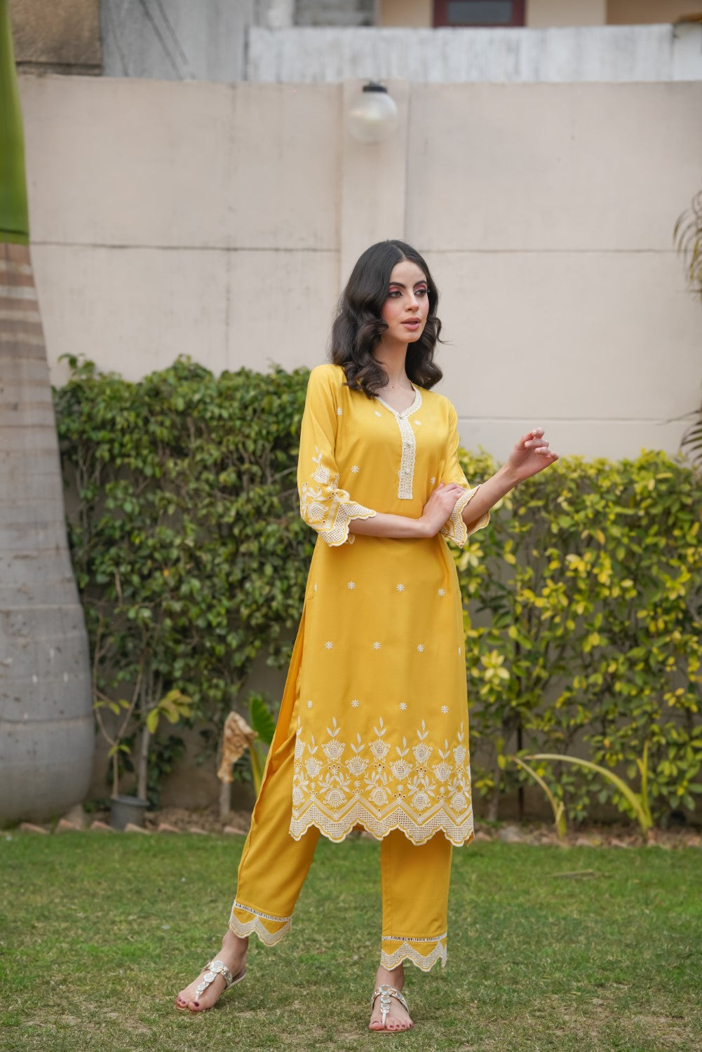 Mango Yellow Cut-Work Kurta-Set
