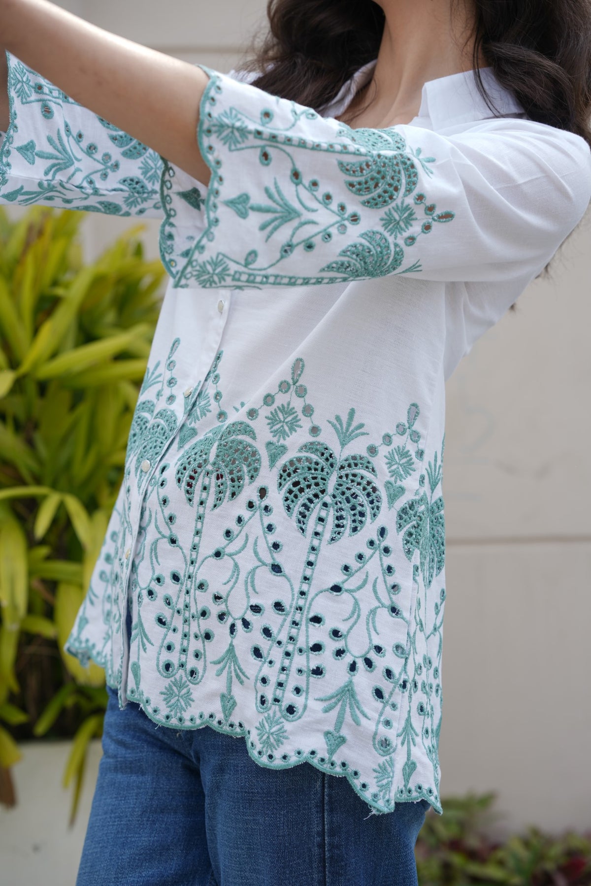 Off-White with Cyan Green Cut-Work Top