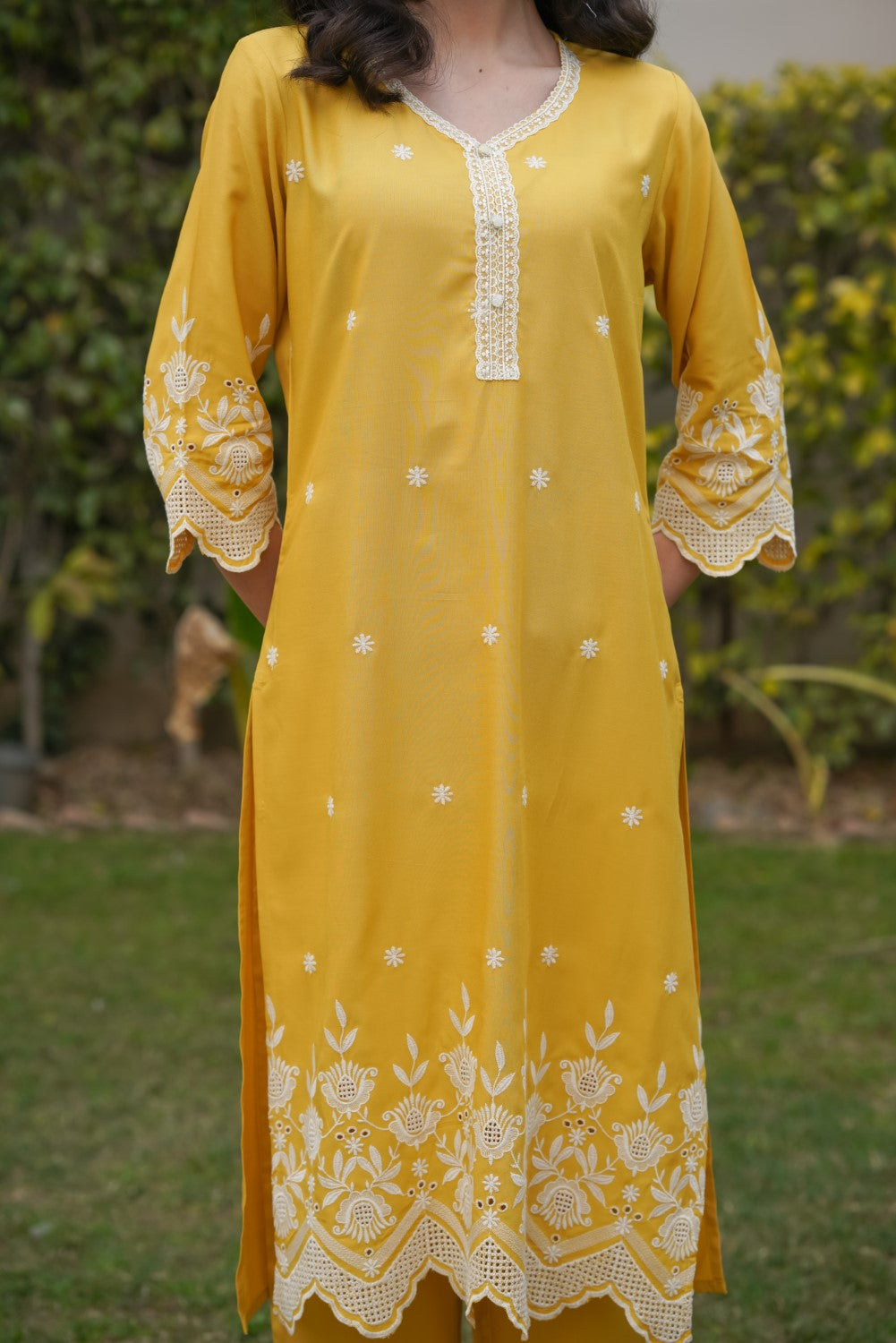 Mango Yellow Cut-Work Kurta-Set