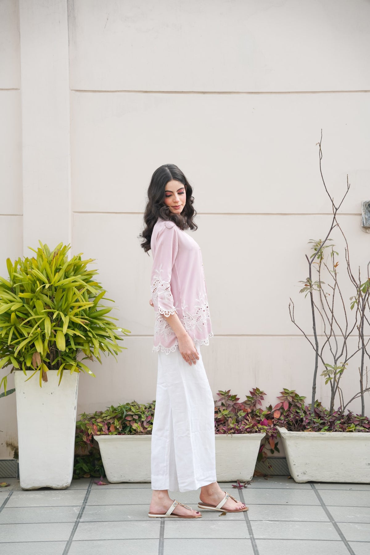 Nude Pink Roses Cut-Work Top