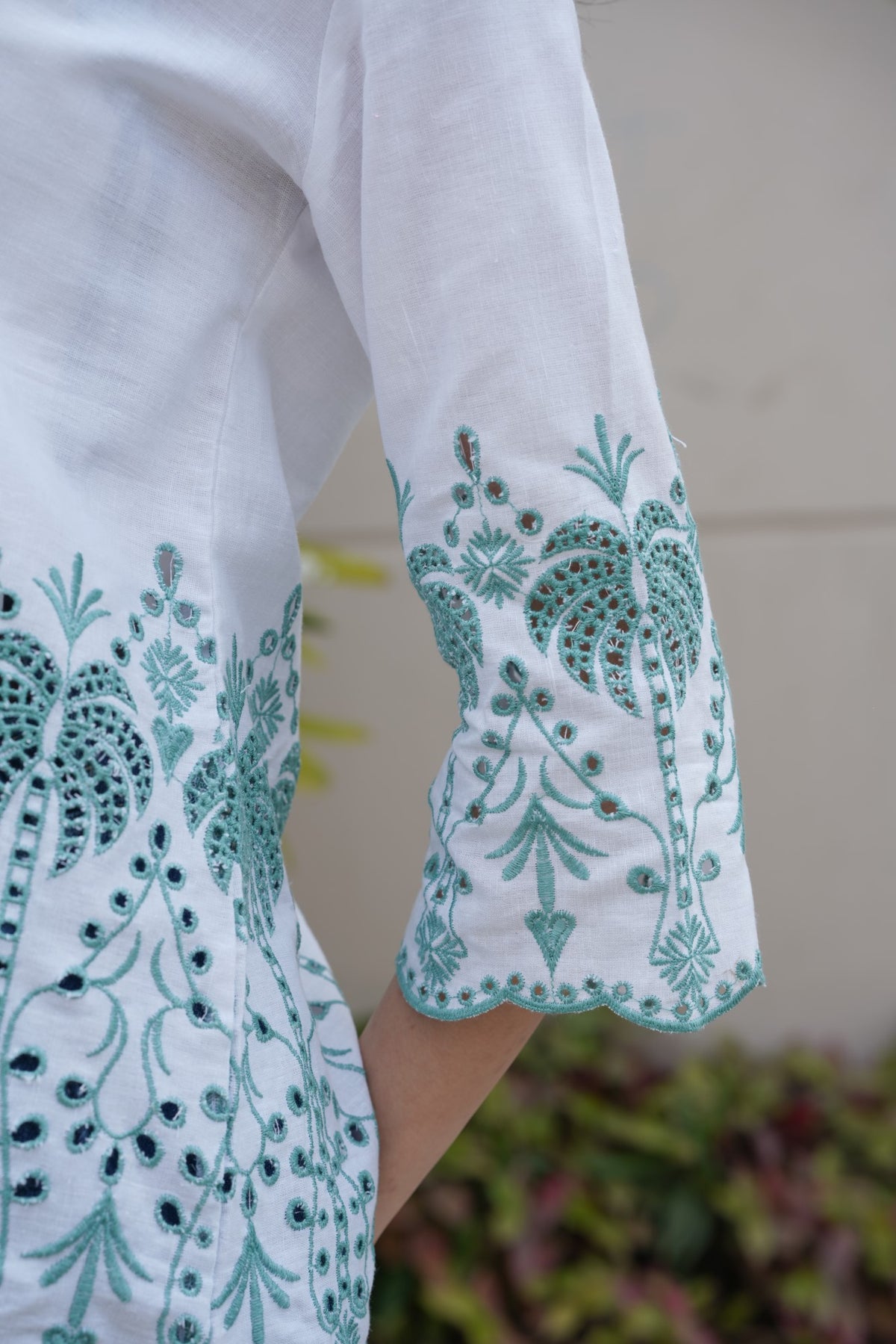 Off-White with Cyan Green Cut-Work Top