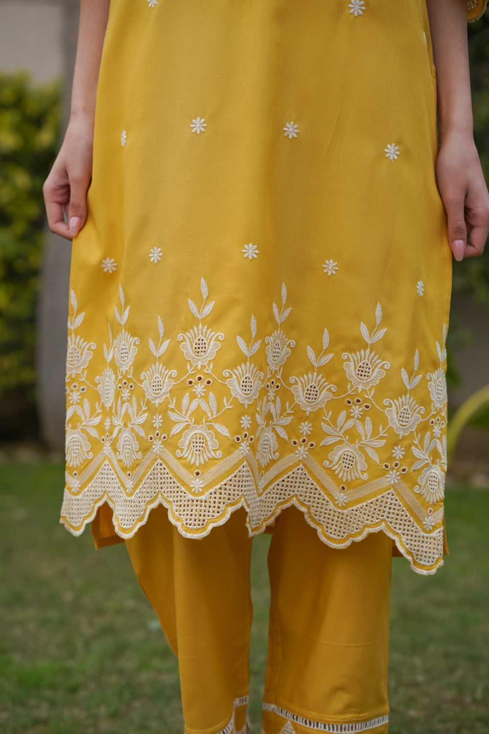 Mango Yellow Cut-Work Kurta-Set