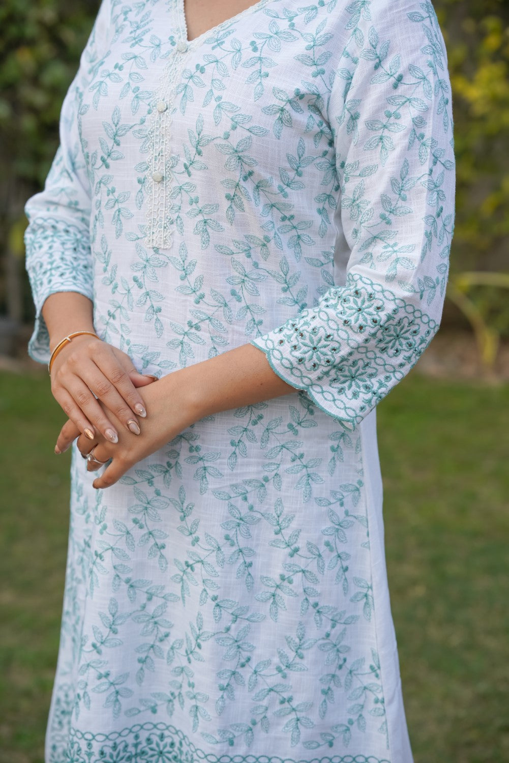 White with Cyan Green Cut-Work Kurta-Set