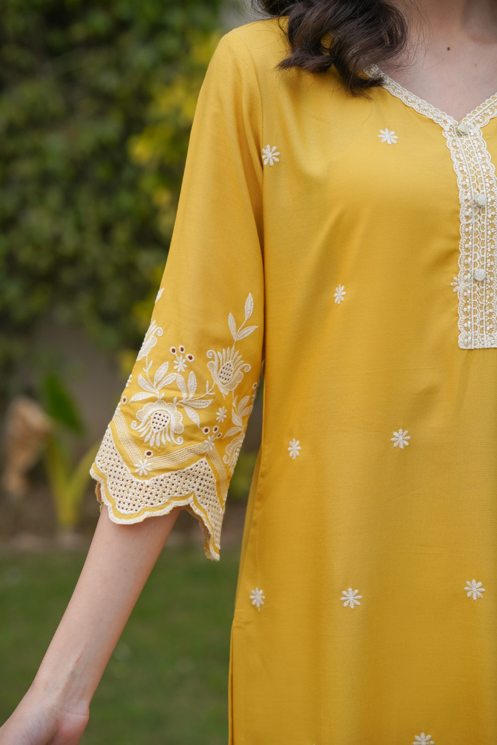 Mango Yellow Cut-Work Kurta-Set