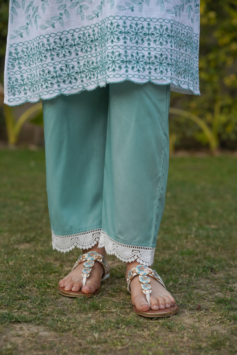 White with Cyan Green Cut-Work Kurta-Set
