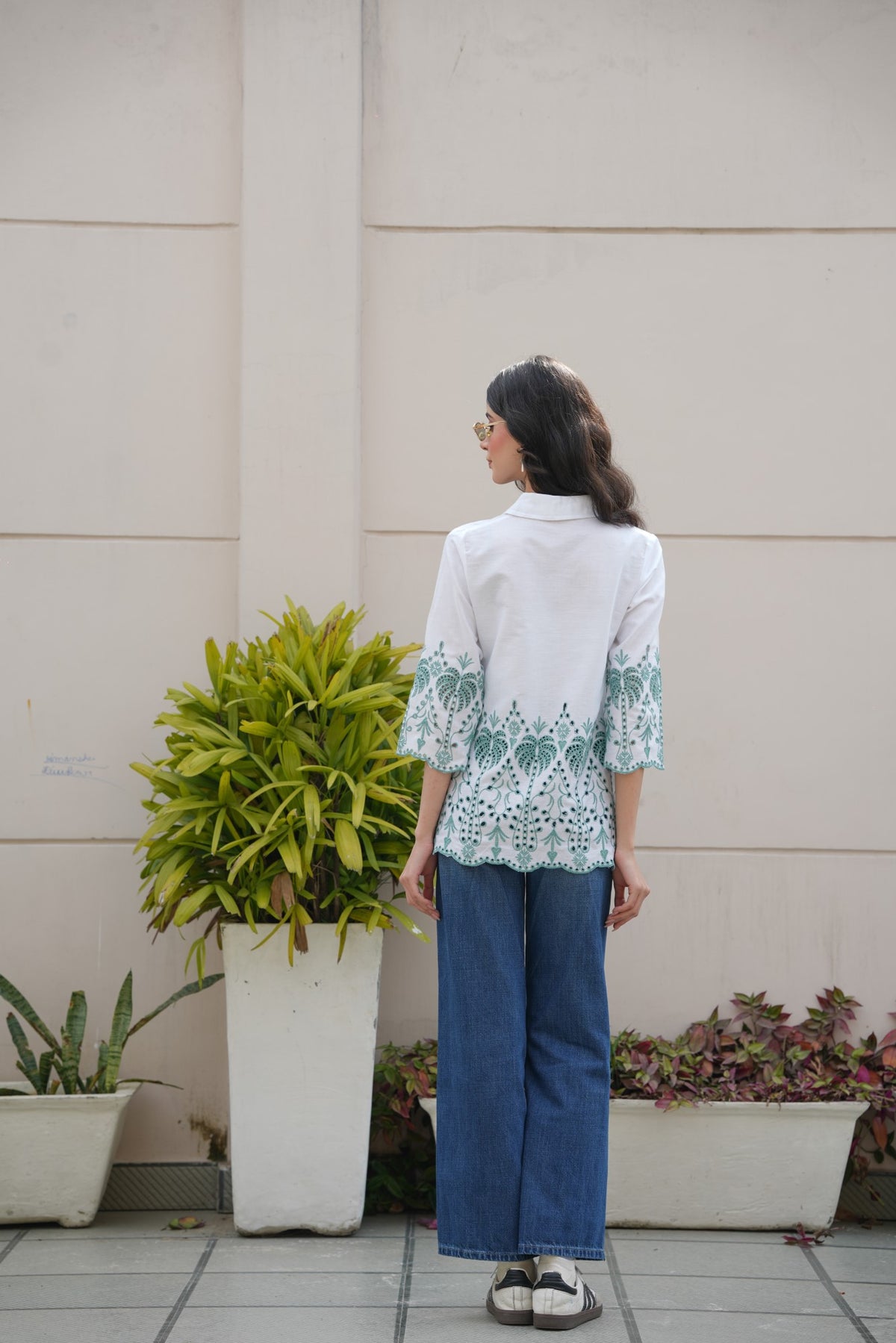 Off-White with Cyan Green Cut-Work Top