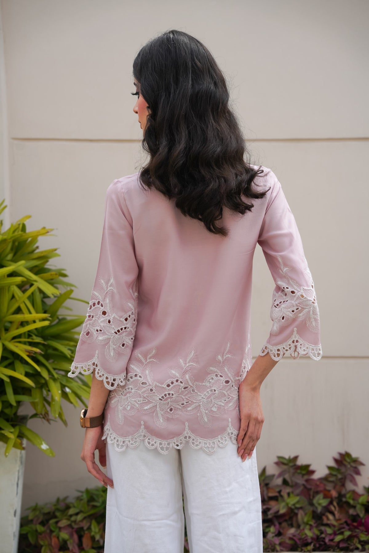 Nude Pink Roses Cut-Work Top