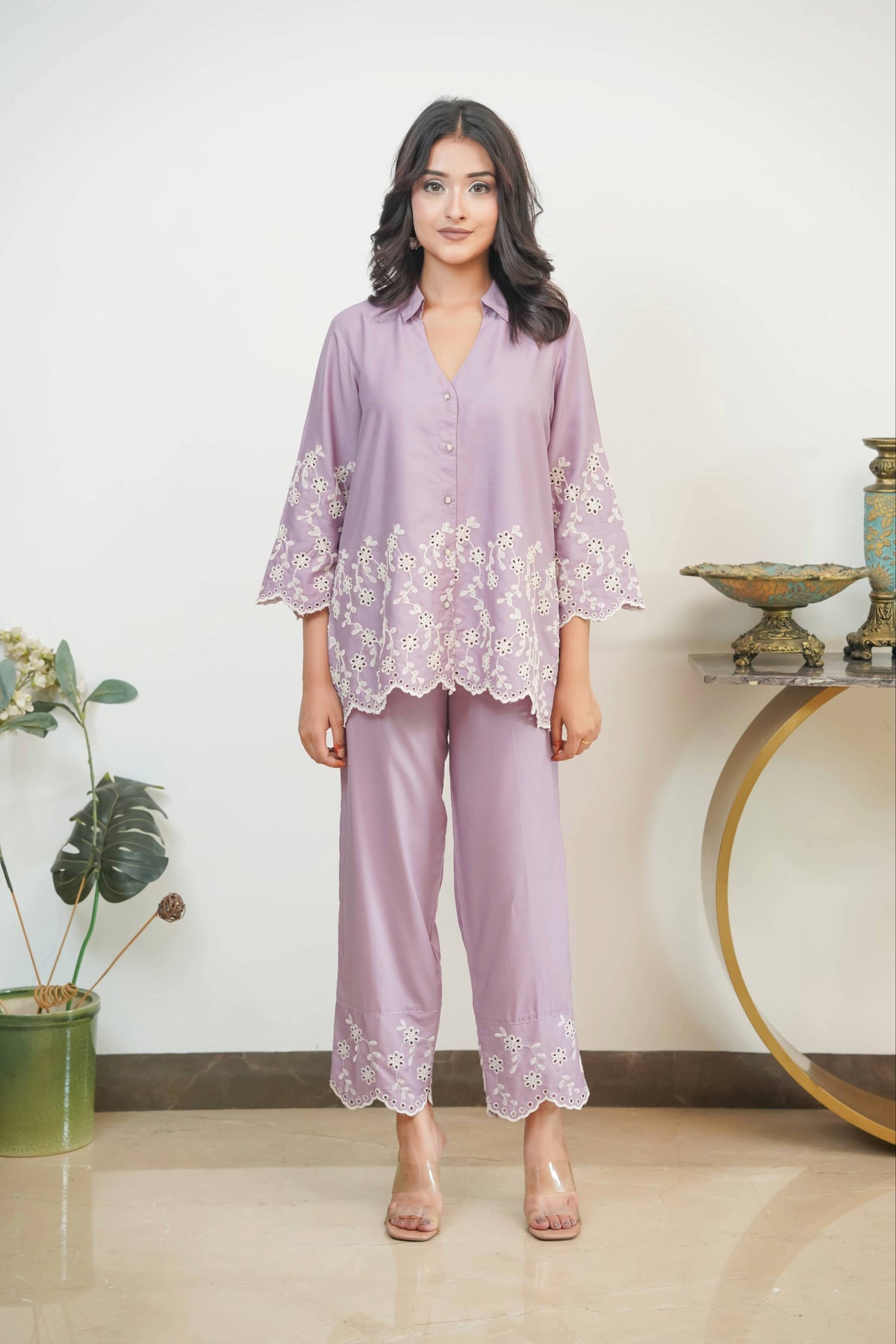 Mauve Cording Cut-Work Set