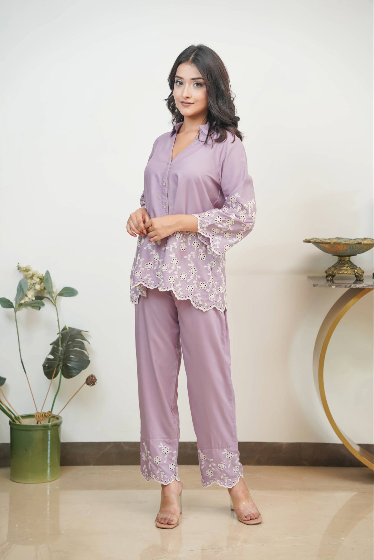 Mauve Cording Cut-Work Set