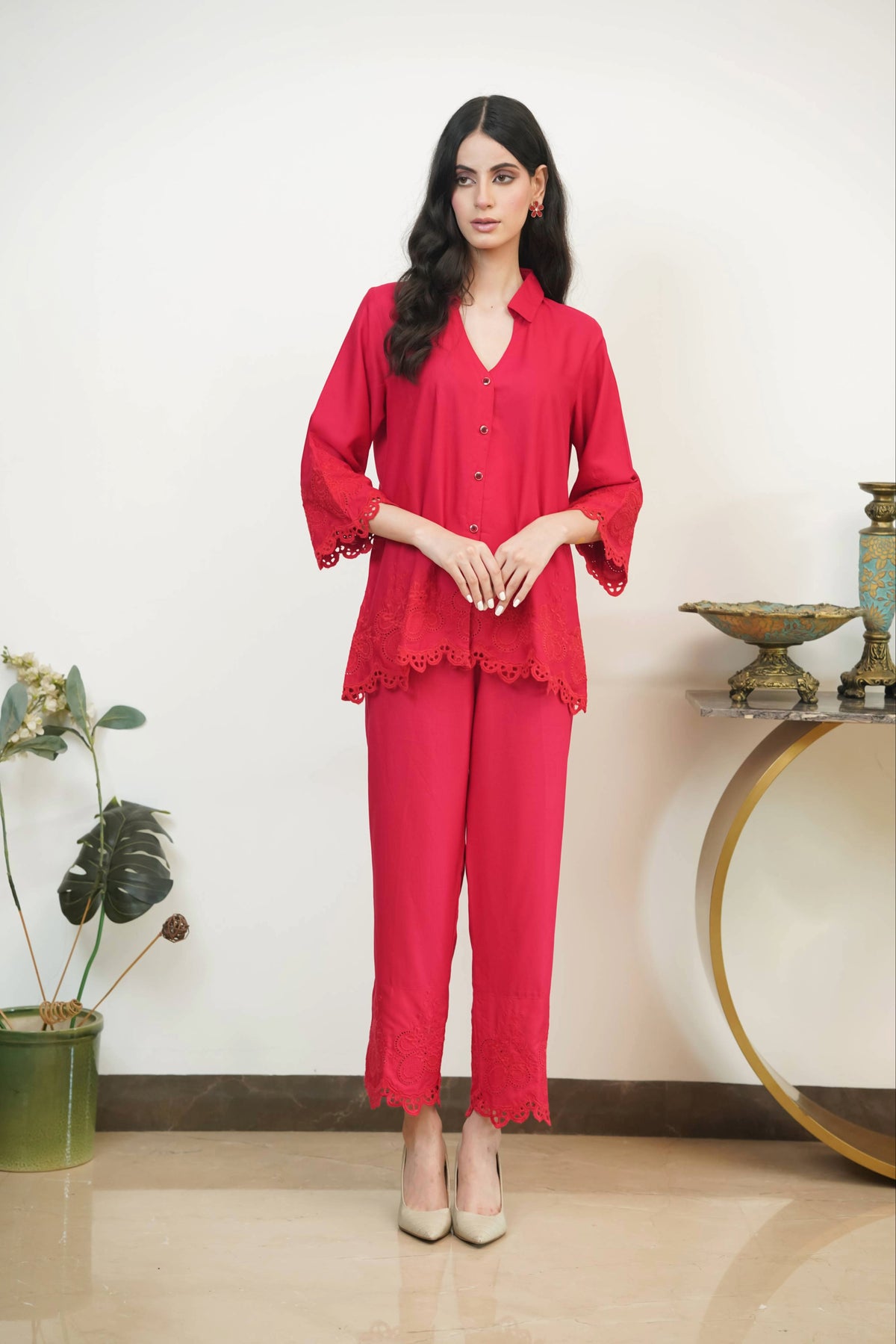 Crimson on Crimson Cut-Work Set