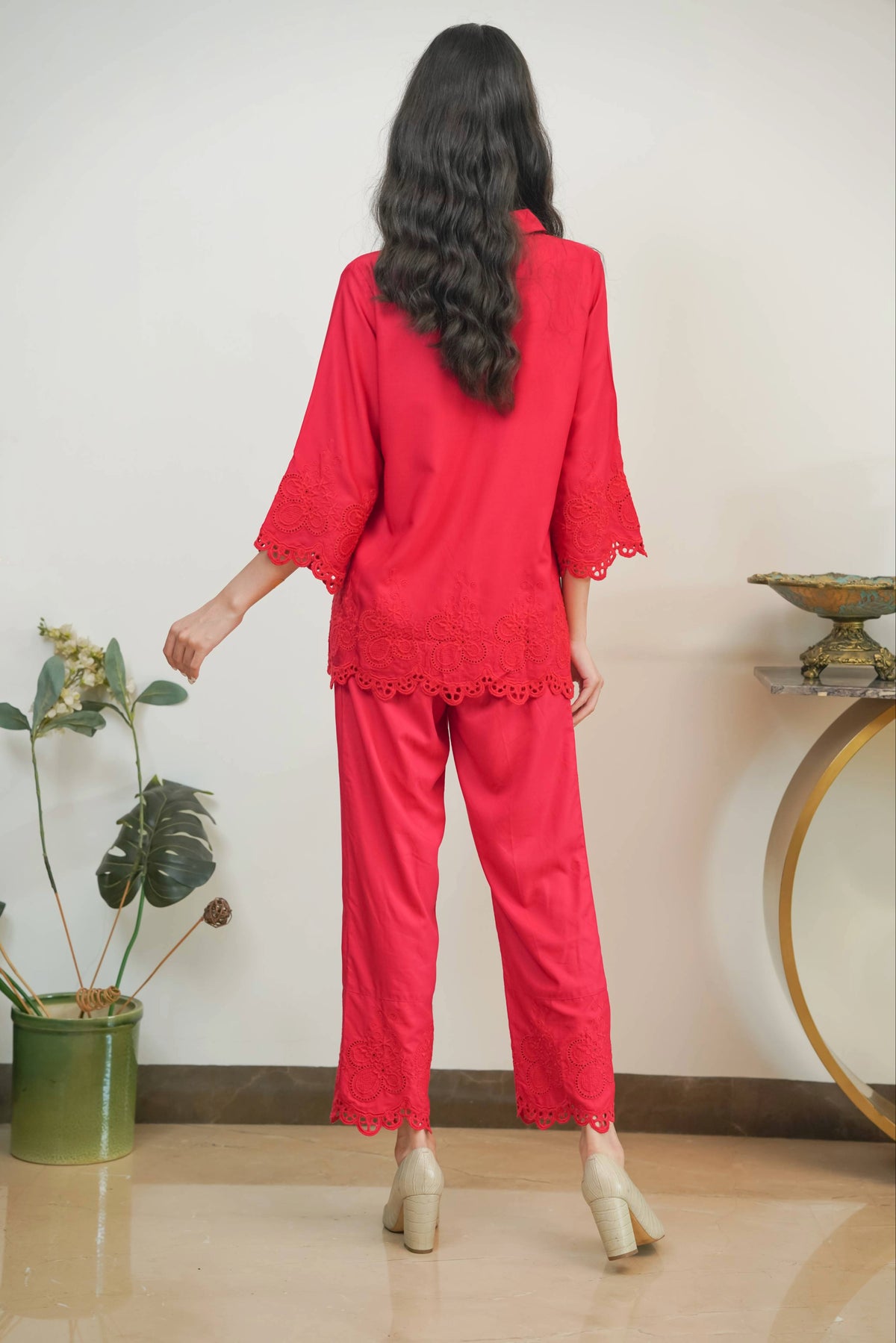 Crimson on Crimson Cut-Work Set