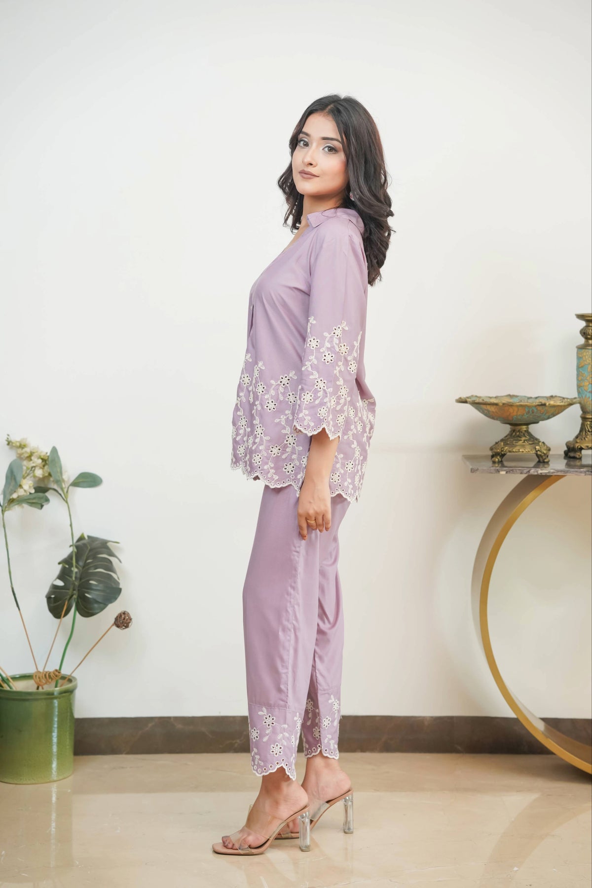 Mauve Cording Cut-Work Set