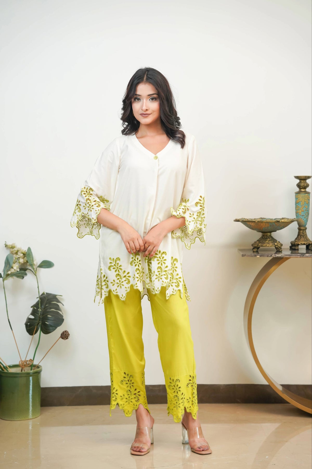 Off-White & Lime Green Cut-Work Set